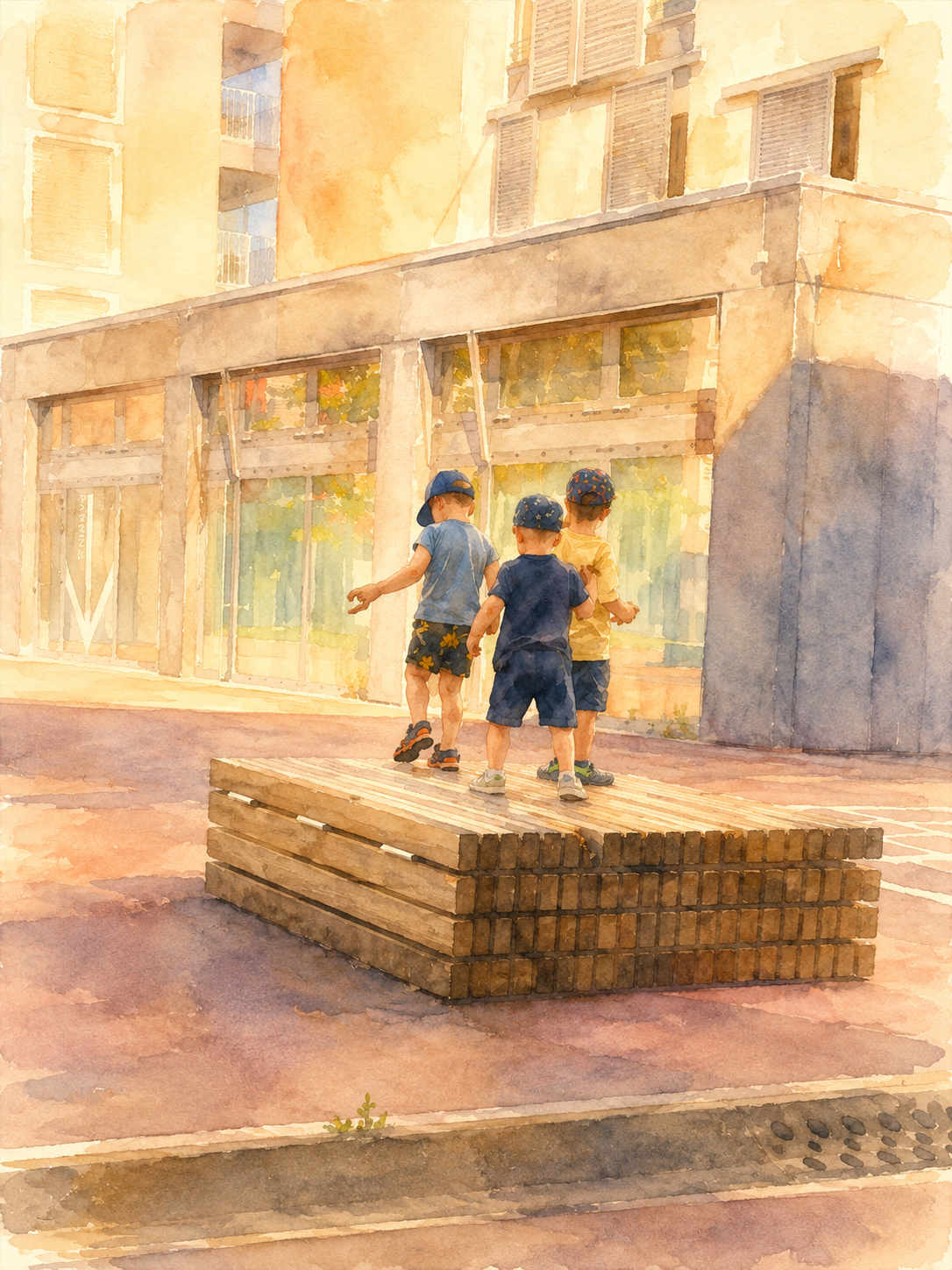 Aquarell von drei Buben auf einem Holzpodest vor einem Gebäude