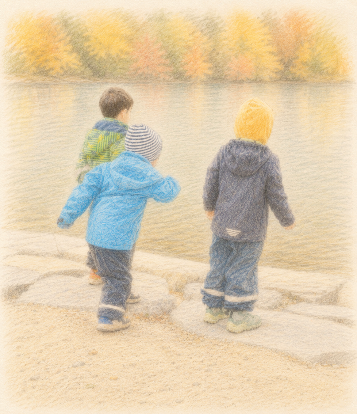 Drei Kinder am Rhein im Herbst
