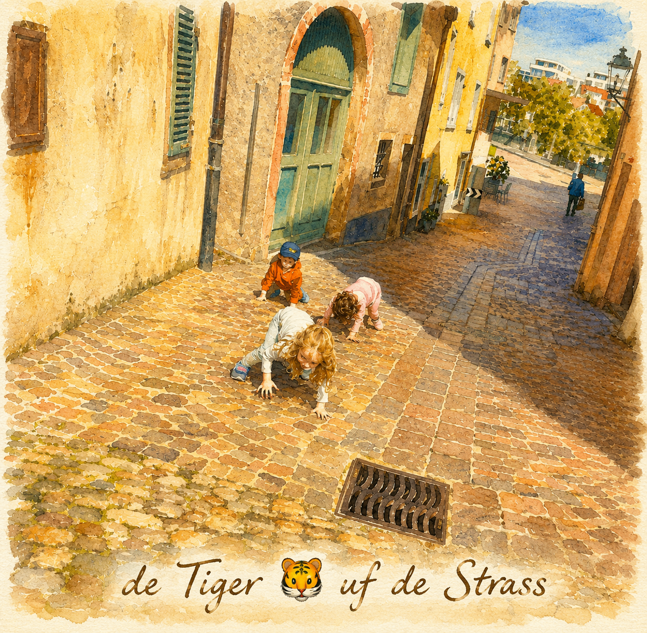 Aquarell 'de Tiger uf de Strass' – Kinder auf Kopfsteinpflaster