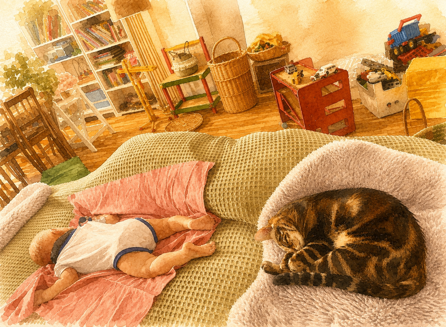 Aquarell eines schlafenden Babys neben einer zusammengerollten Katze