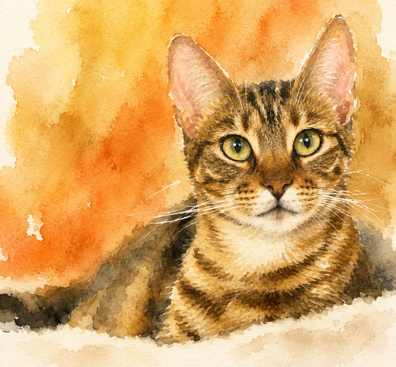 Aquarell einer Katze vor warmem orangefarbenem Hintergrund