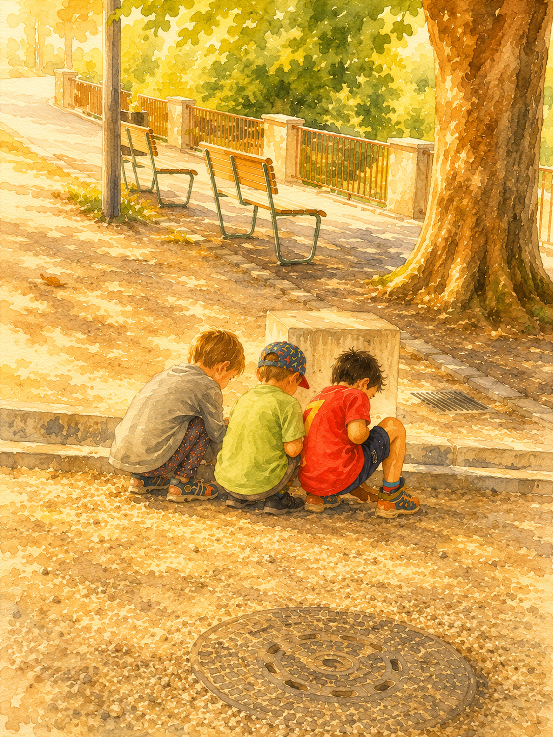 Aquarell von drei Buben, die gemeinsam etwas am Boden entdecken