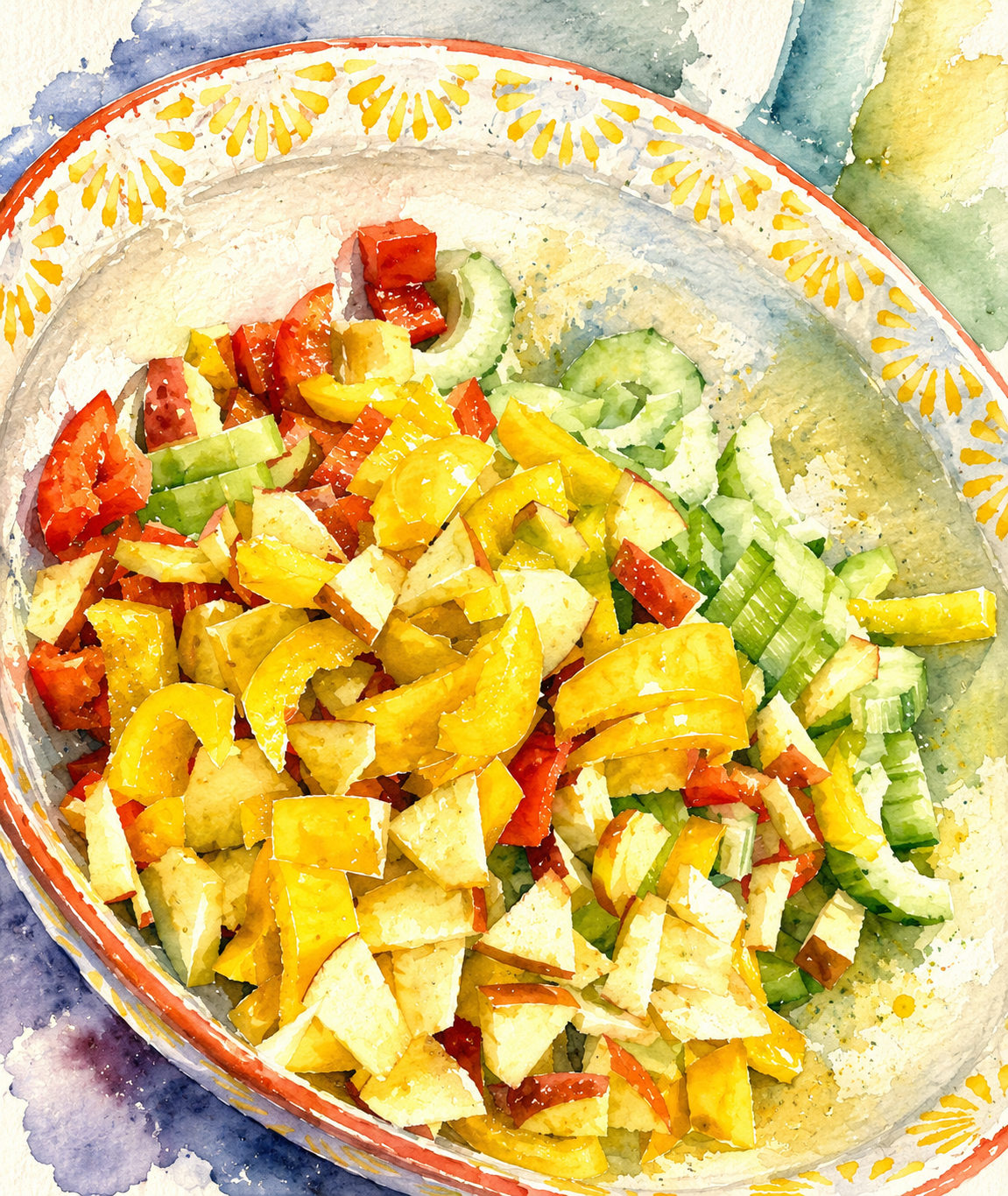 Aquarell einer farbenfrohen Schüssel mit frischem Salat