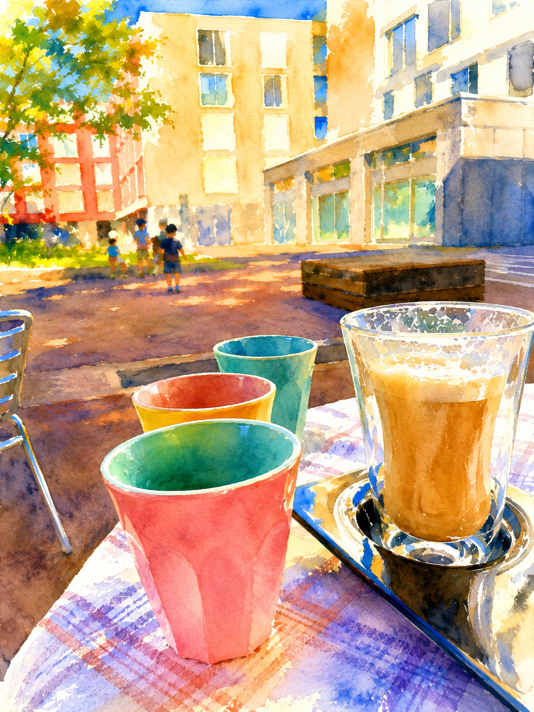 Aquarell von bunten Bechern und einem Milchkaffee auf einem Tisch, im Hintergrund spielende Kinder