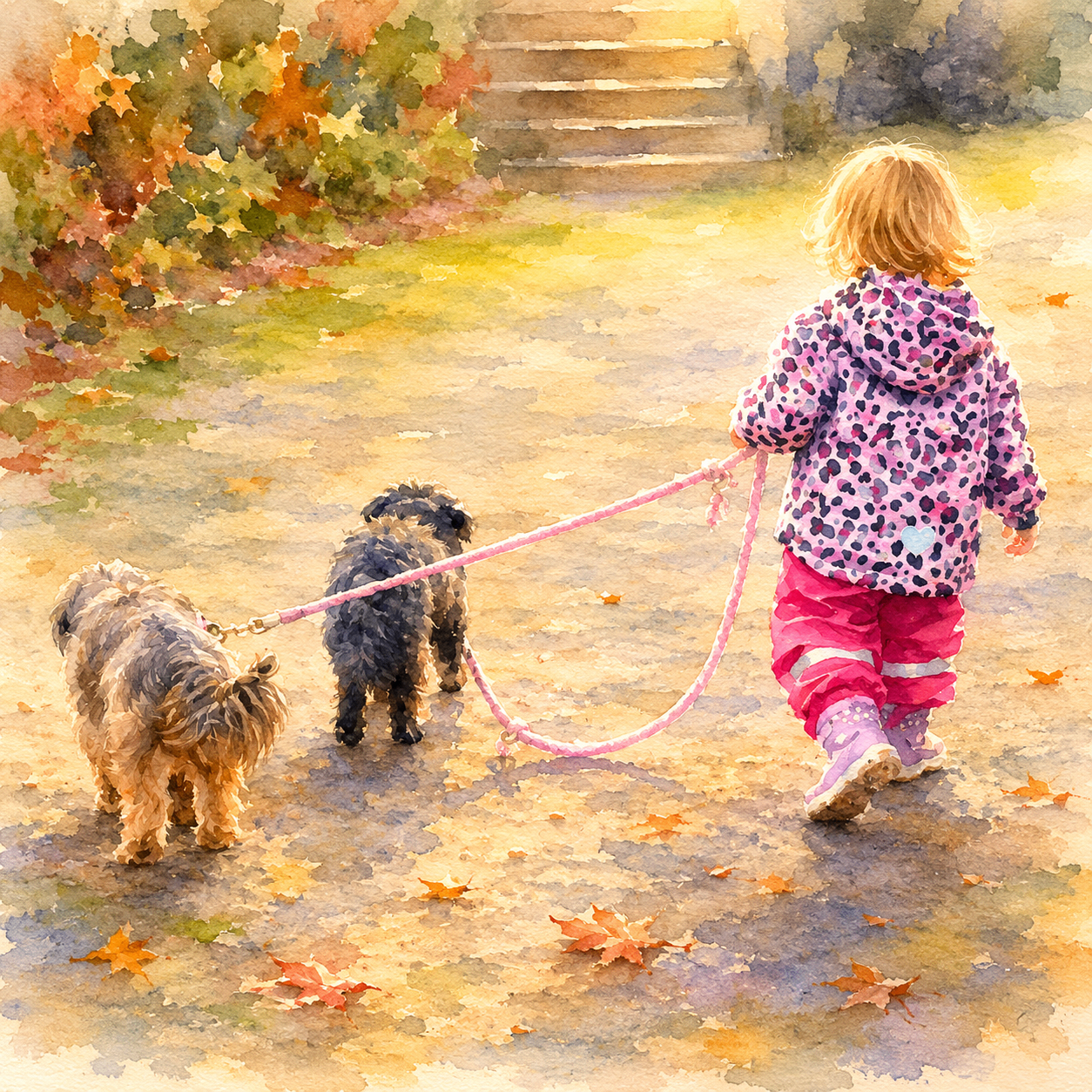 Aquarell von Kind beim Spaziergang mit zwei Hunden im Herbst