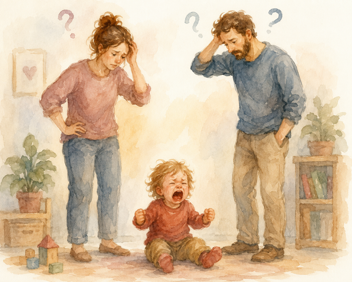 Aquarell: Mutter und Vater stehen ratlos neben einem weinenden Kleinkind