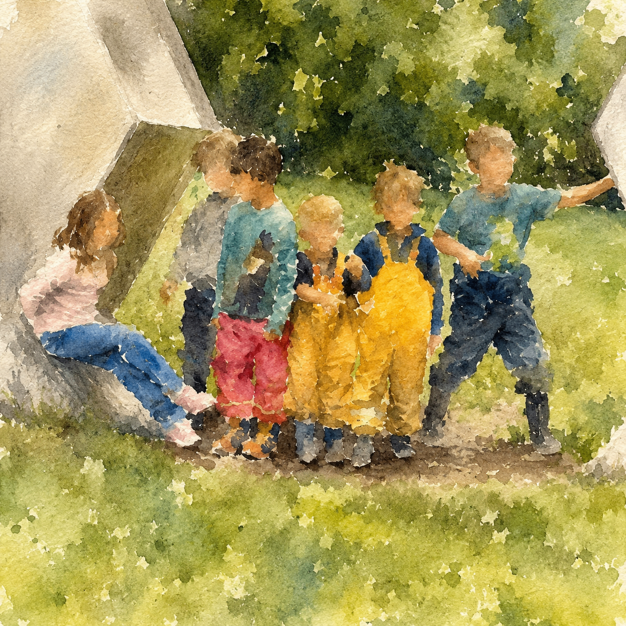 Aquarell von Kindern beim Spielen im Garten