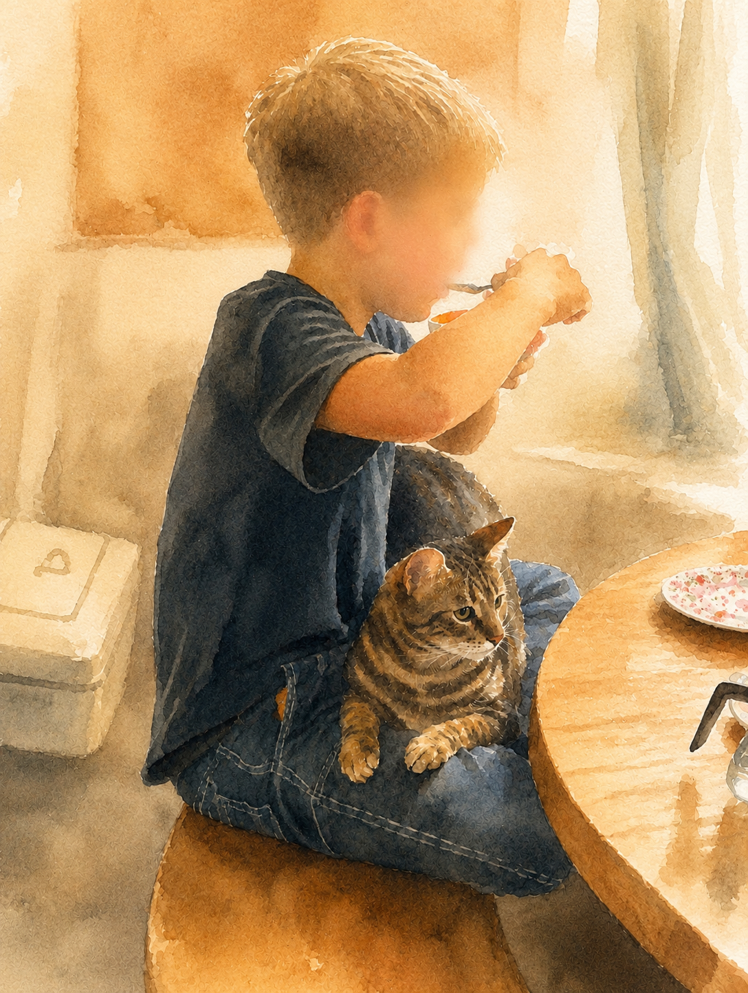 Aquarell eines Kindes am Tisch mit einer Katze auf dem Schoss