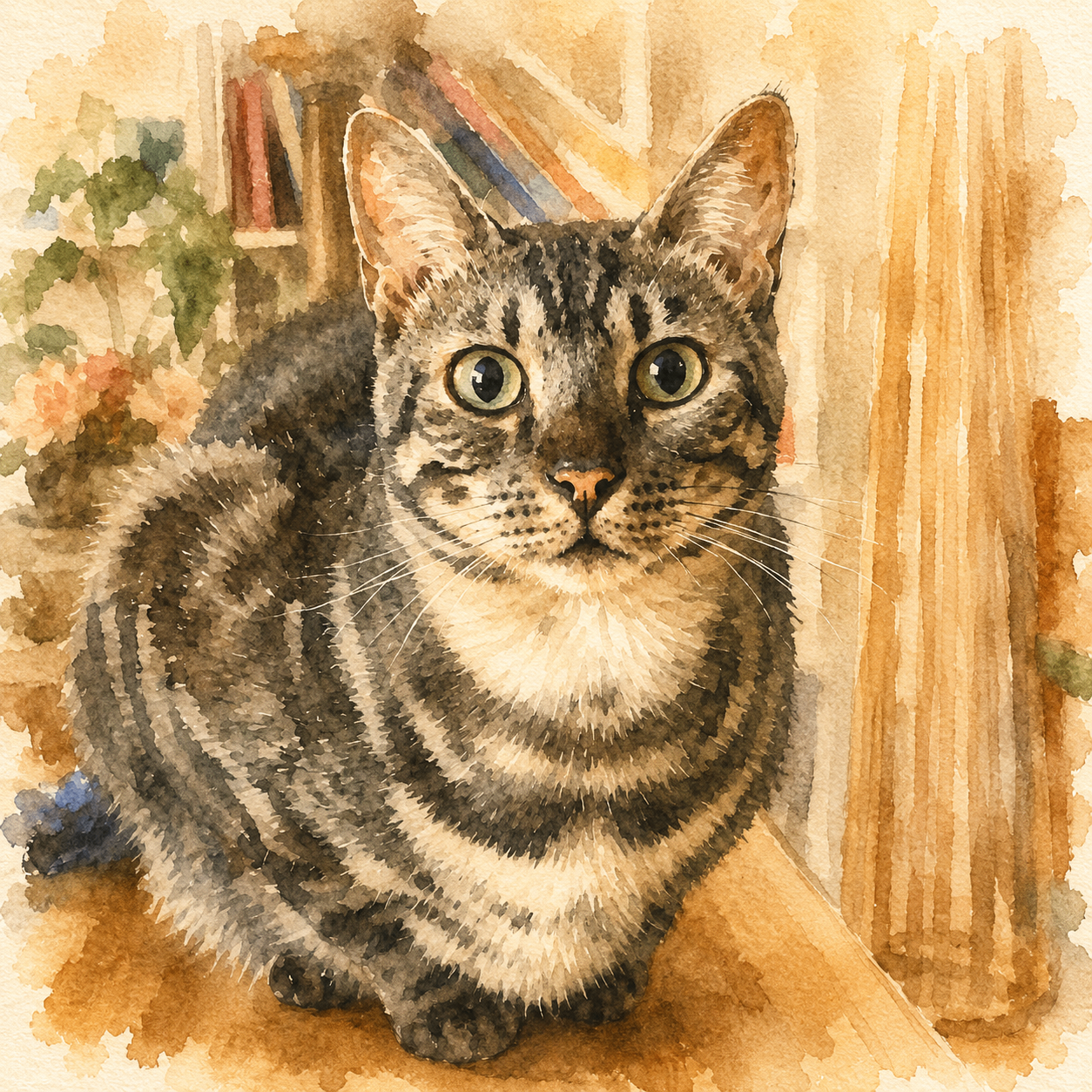 Aquarell einer Katze vor Bücherregal und Pflanzen