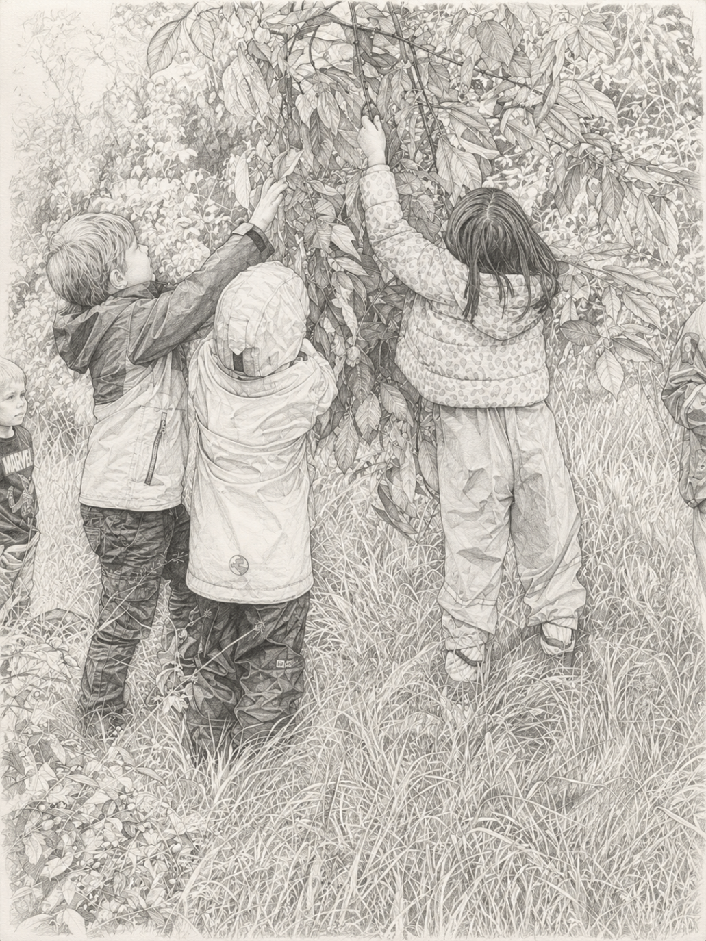 Bleistiftzeichnung von Kindern beim Pflücken im Wald