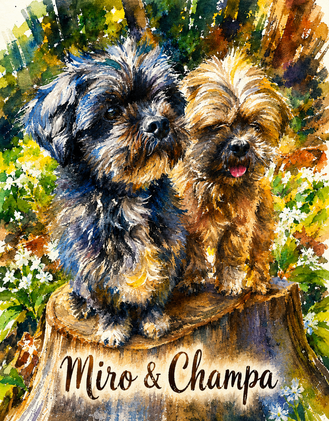 Aquarell der beiden Hunde Miro und Champa auf einem Baumstumpf