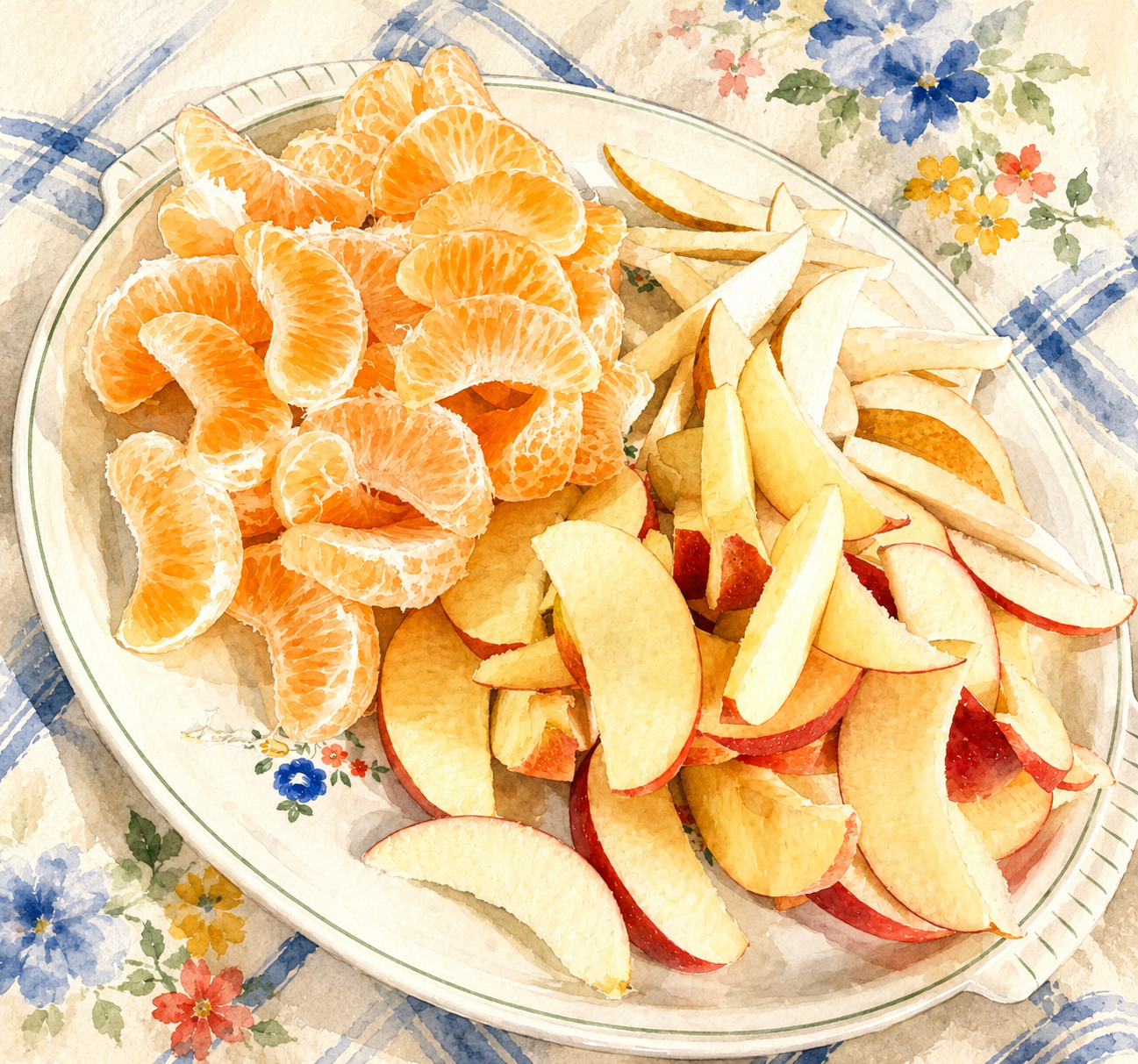 Aquarell eines Tellers mit Mandarinen und Apfelschnitzen