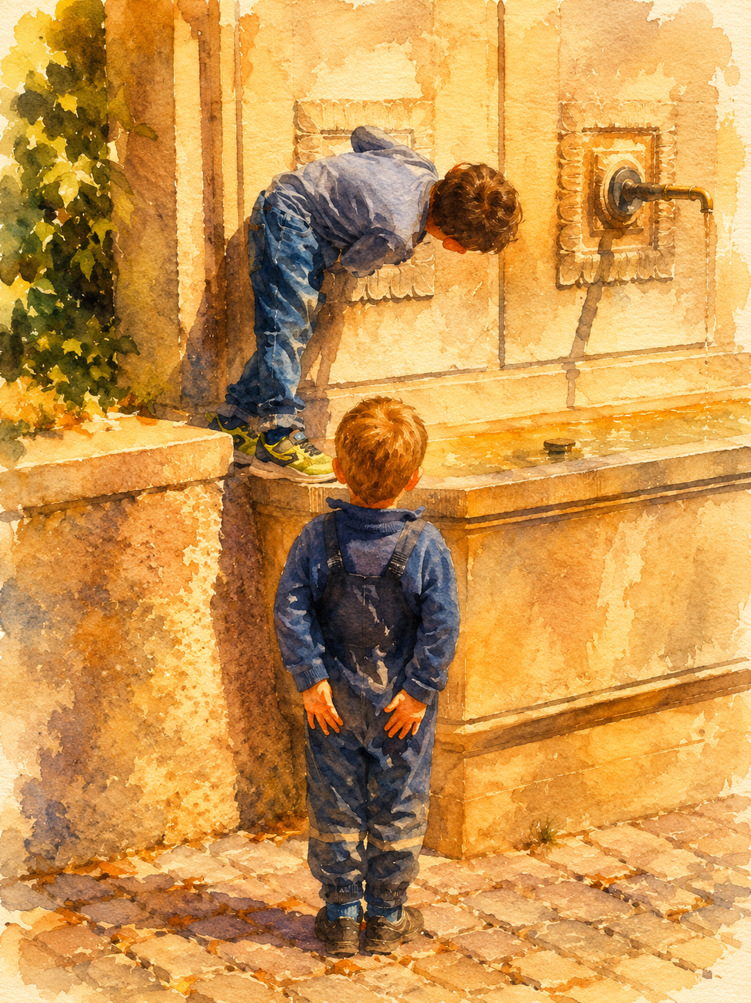 Aquarell von zwei Buben am Brunnen im Städtli