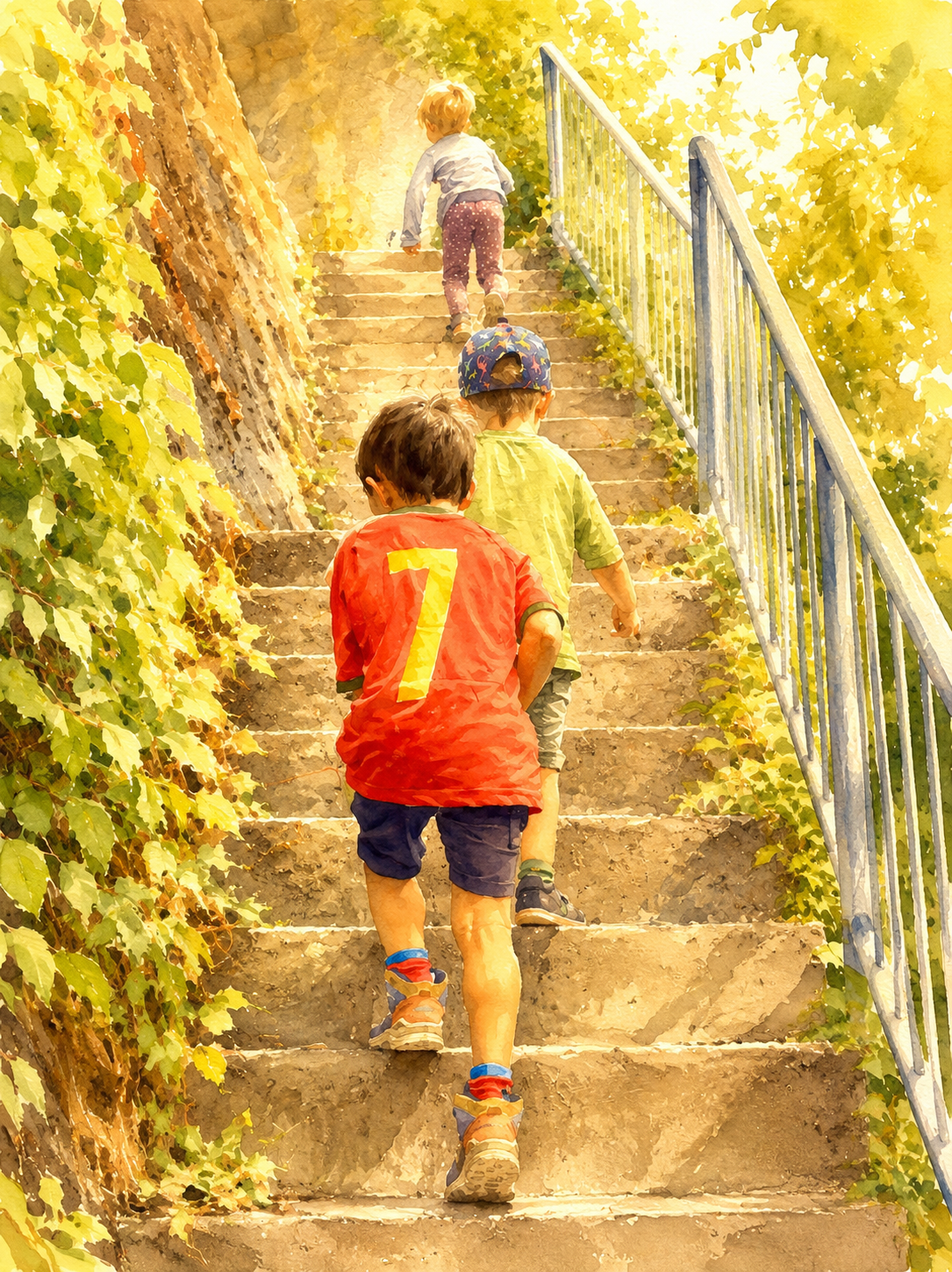 Aquarell von drei Kindern, die eine Treppe hinaufsteigen