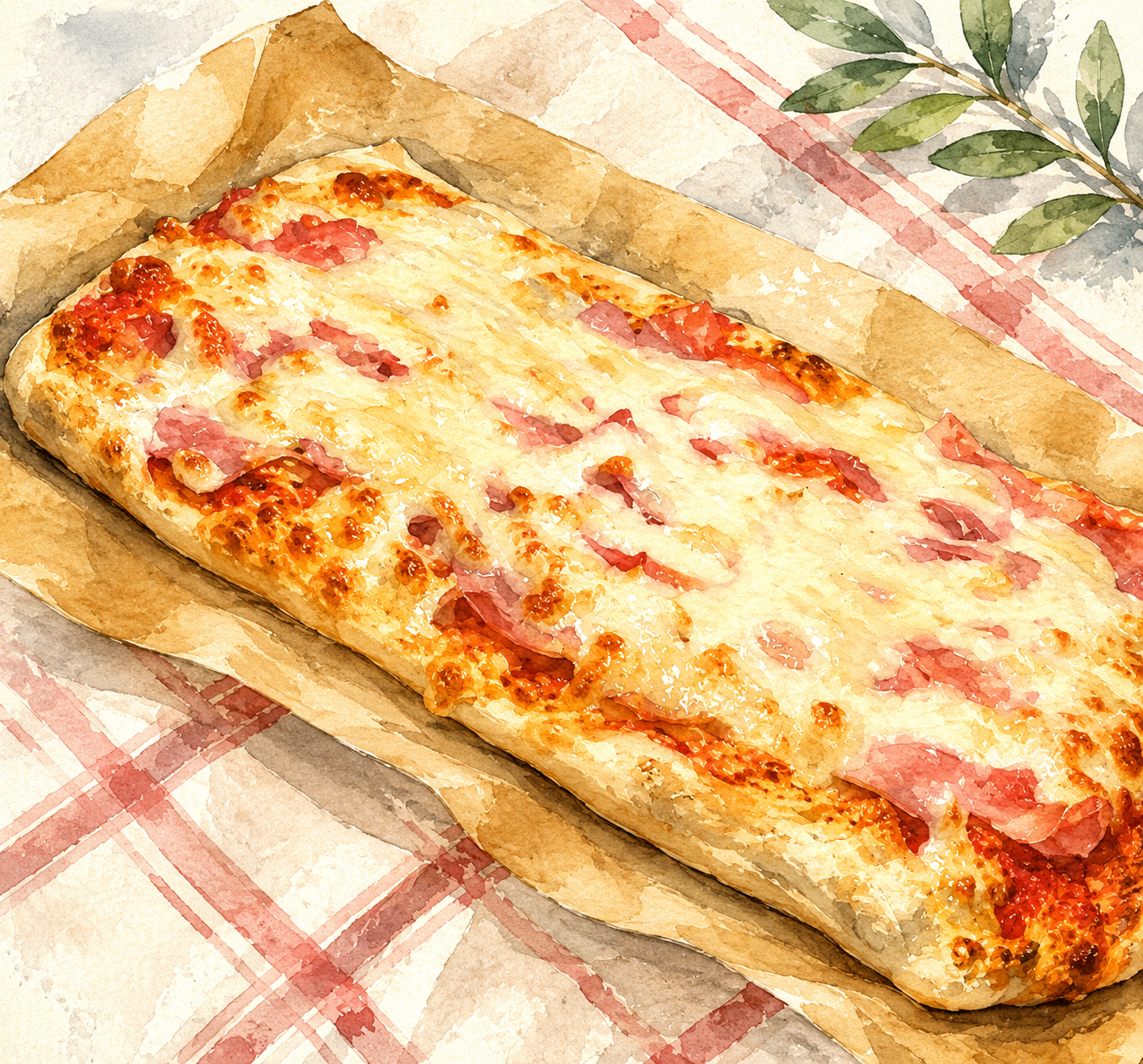 Aquarell einer frisch gebackenen Pizza auf Backpapier