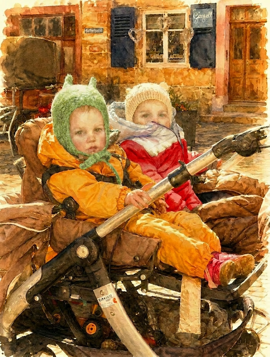 Aquarell von zwei Kindern im Kinderwagen in der Rathergasse